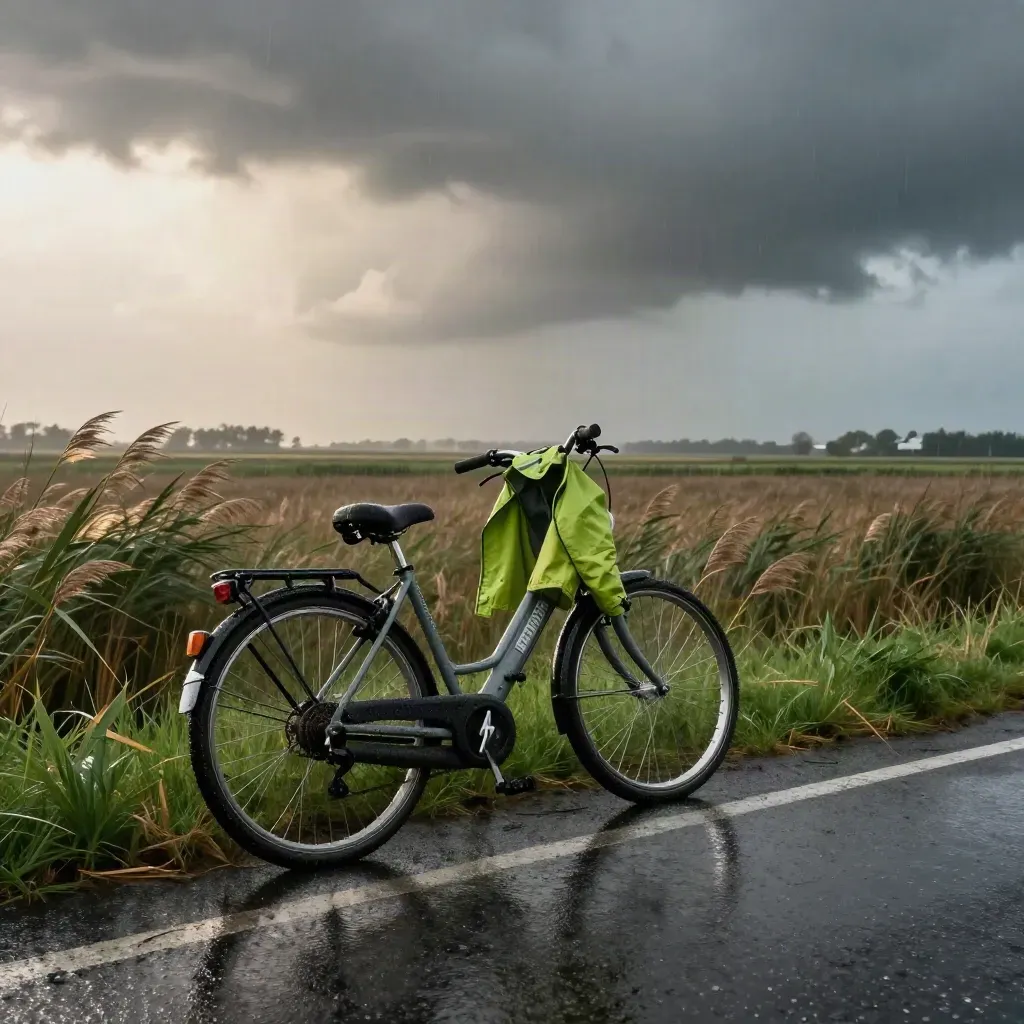 Natte fiets en regenjas op een dijk, met buienlucht en glanzende plassen boven de polder.