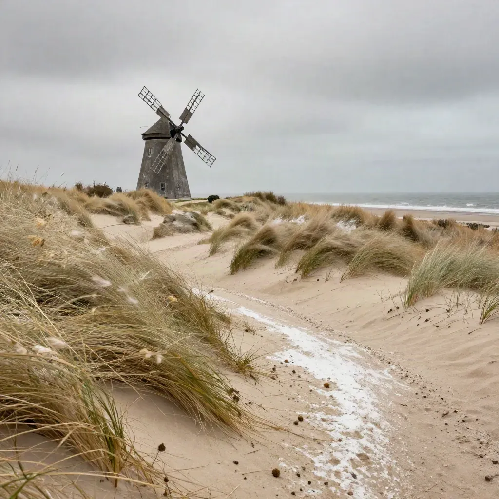 Duinpad met plat helmgras, scheef windmolentje en grijze kustlijn in de wind.