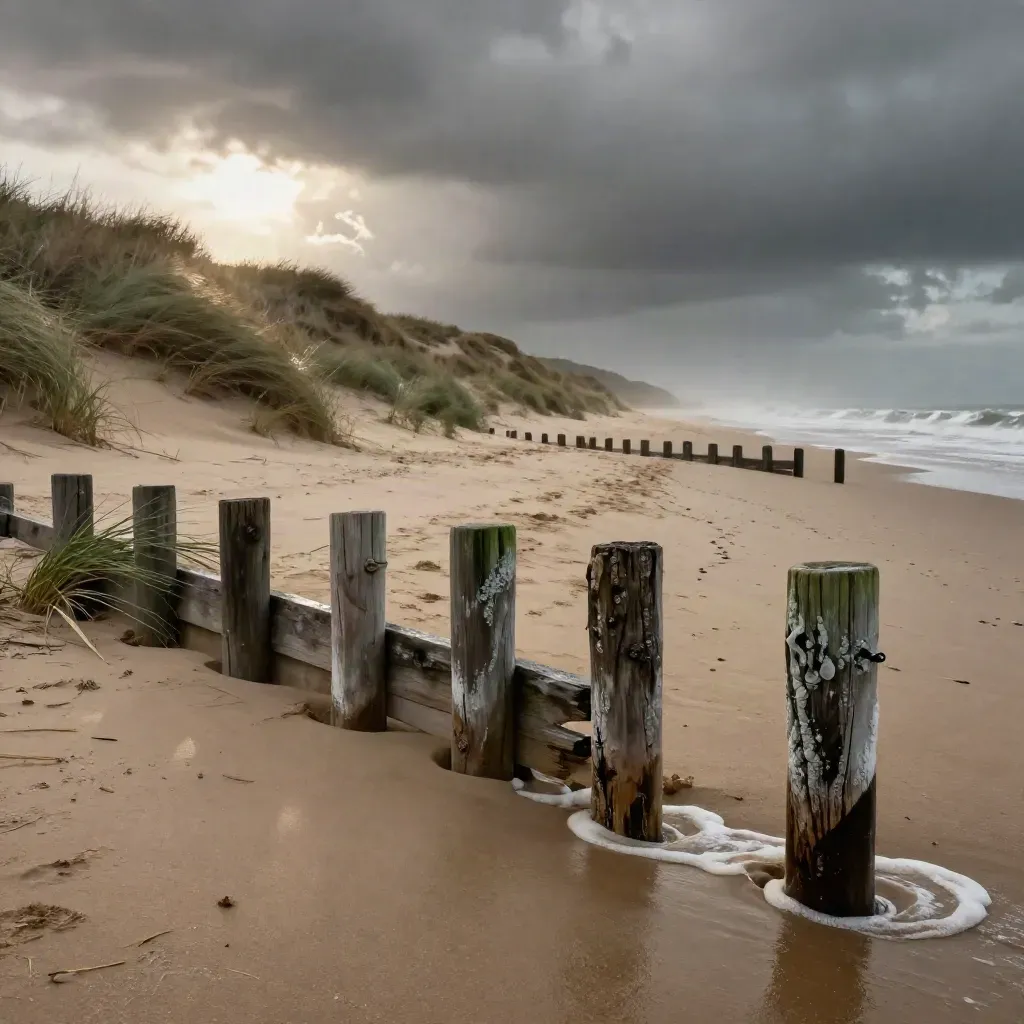 Verlaten strandopgang met stormschuim, natte palen en helmgras in harde zeewind.