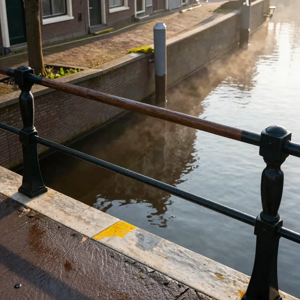 Brug over een kanaal met zon op de ene oever en koele schaduw op de andere.