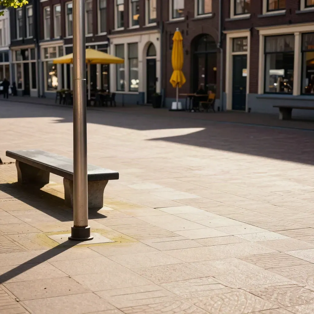 Zonnig stadsplein met hittegolving, stenen tegels, schaduwrijke gevels en een gele parasol.