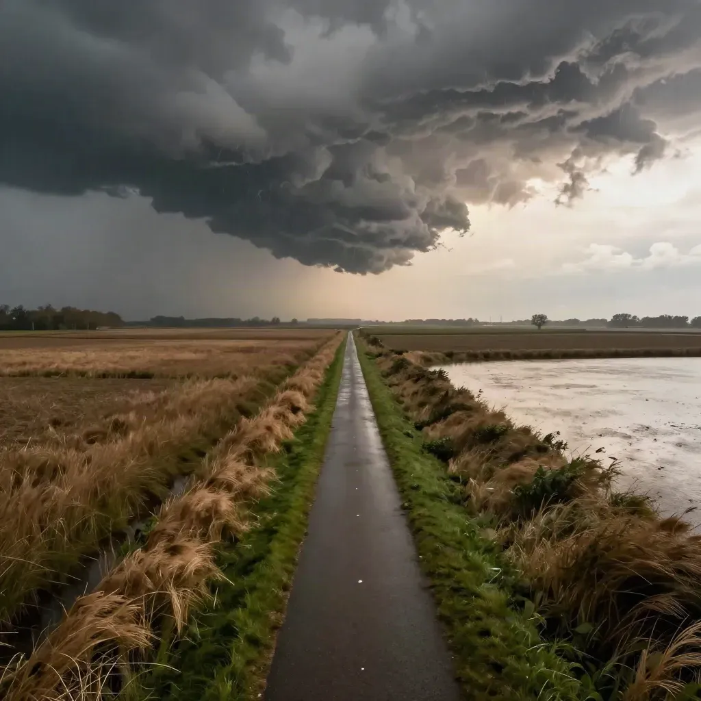 Donkere buien boven een polderweg met sloten en licht aan de horizon.