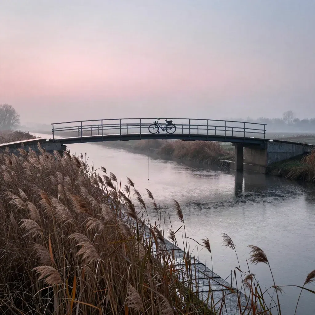 Mistige ochtend aan een kanaal met nat riet en een lege fietsbrug in roze dageraad.
