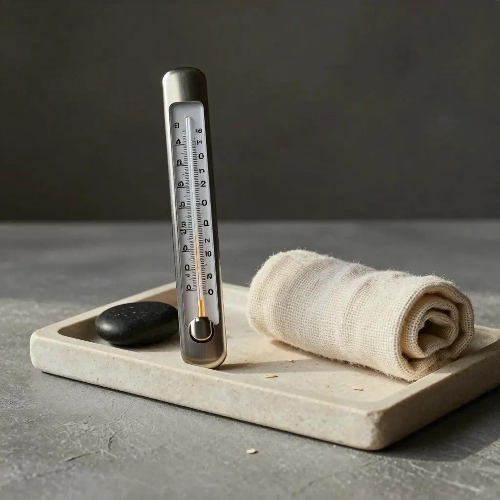 Analoge thermometer op stenen tray met koel steentje en opgerolde doek in zacht licht.